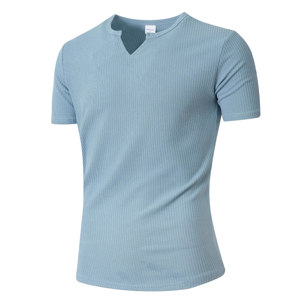 Men Notched V‑Neck Ribbed Knit Short Sleeve Fitted T‑Shirt